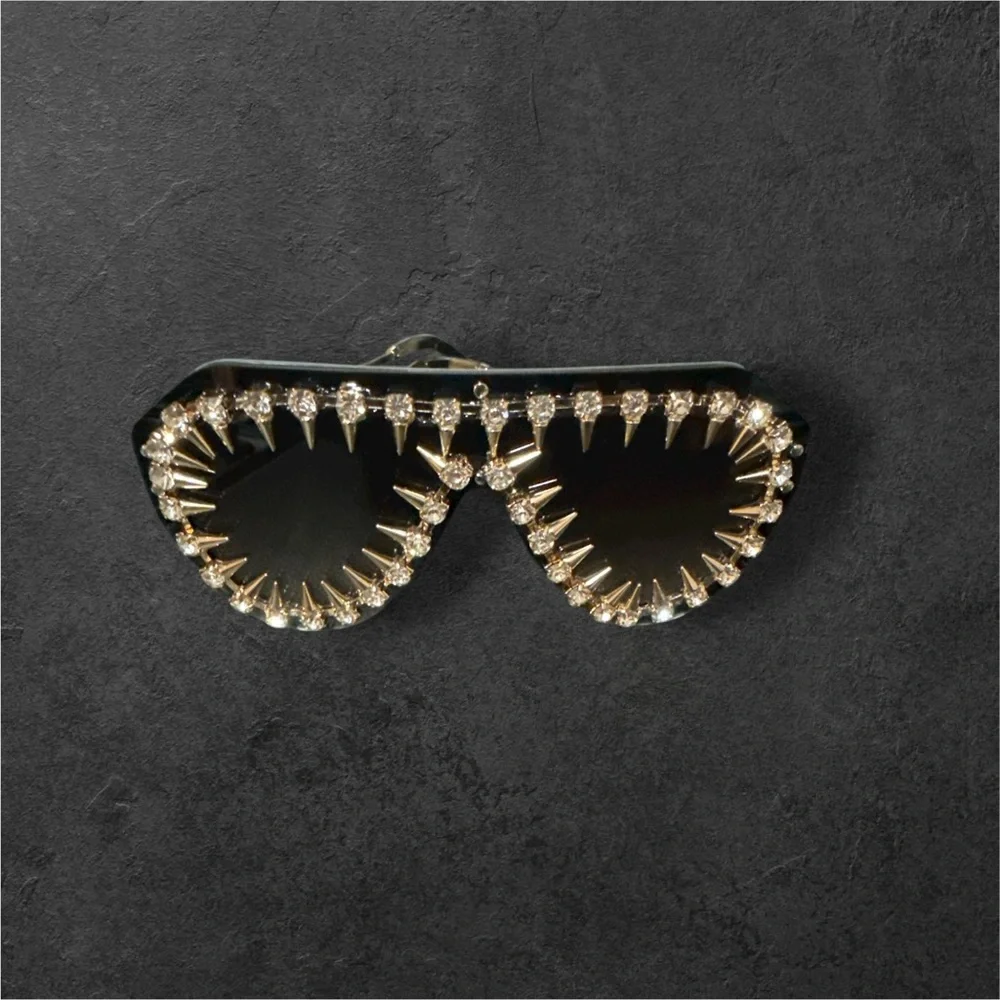 Statement Black Sunglasses with Gold Spike and Rhinestone Trim
